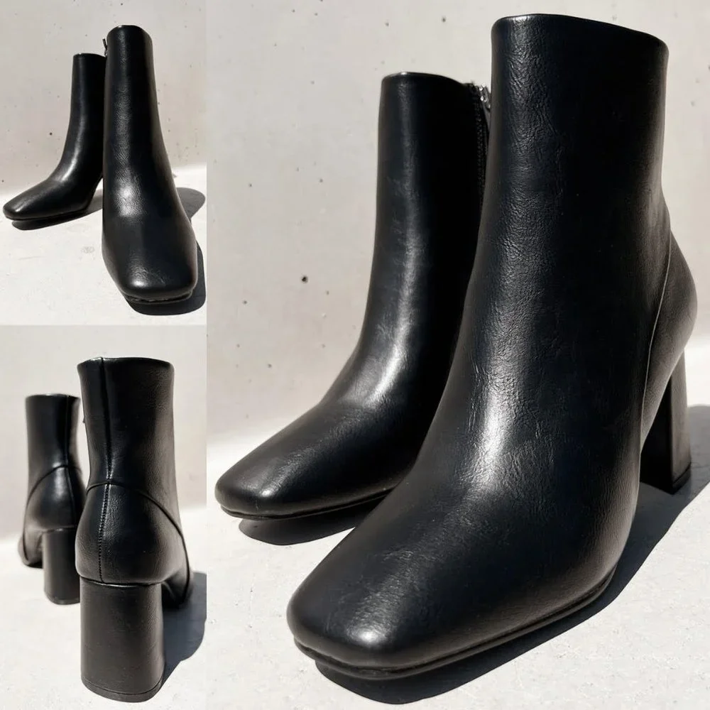 NEW Black Faux Leather Sleek Slim Square Toe Block Heel Ankle Boots Bootie Shoes - Picture 5 of 13